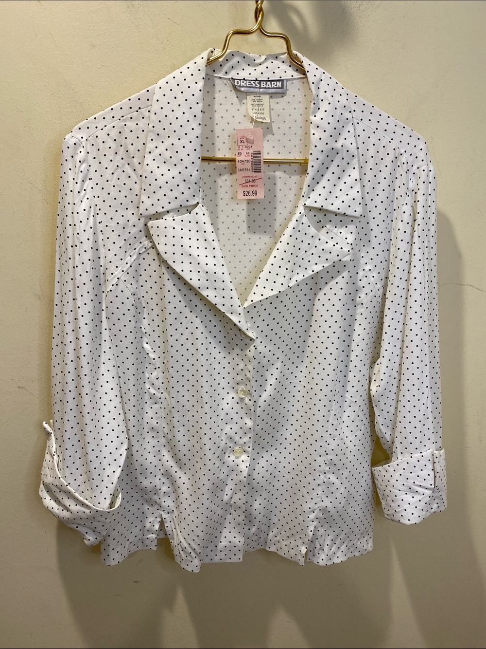 Dress Barn Vintage White Blouse with Black Polka Dots Neck Collar Size Xl NWT - Picture 1 of 9